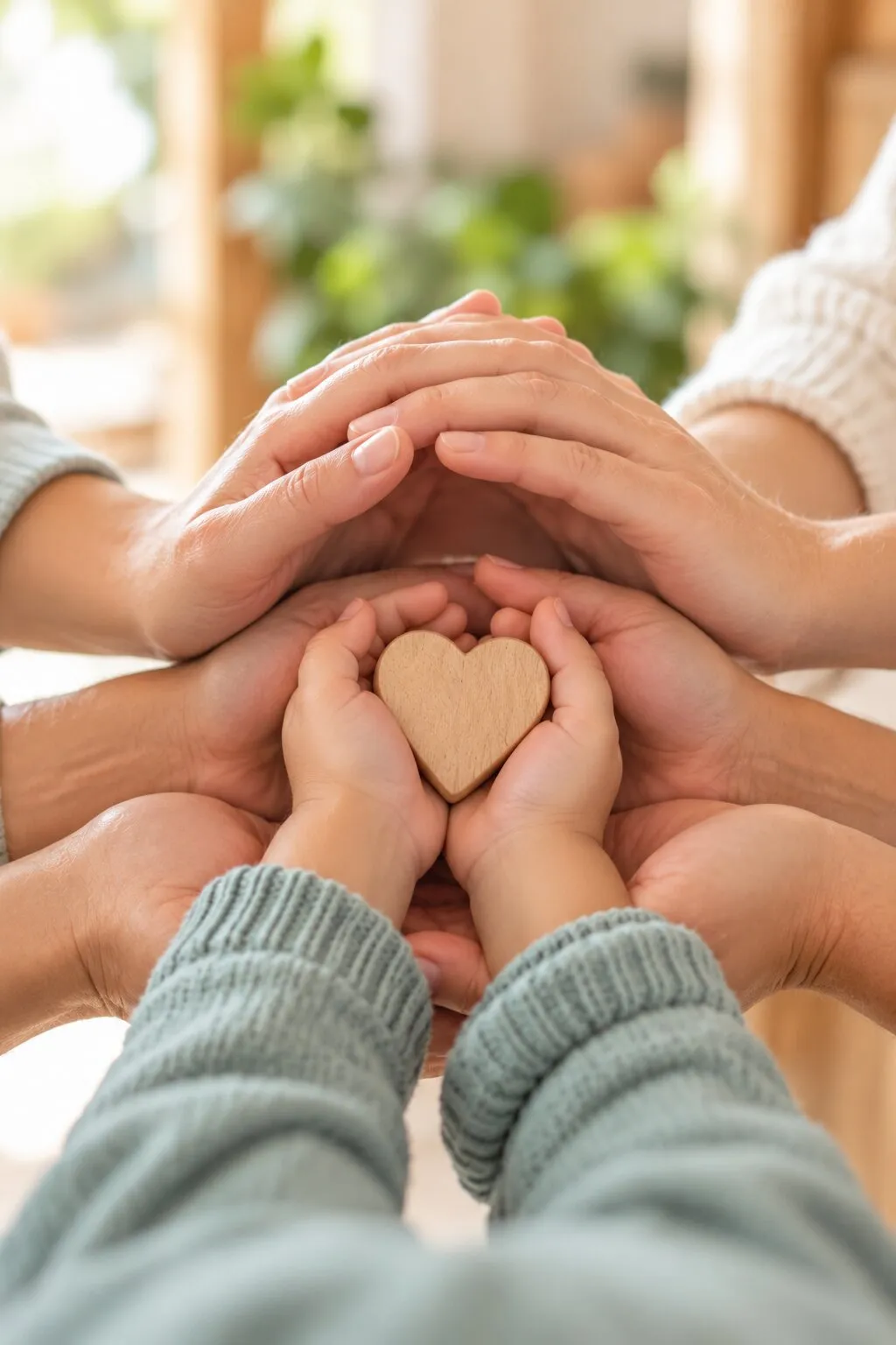 Adult and child hands together holding a small wooden heart